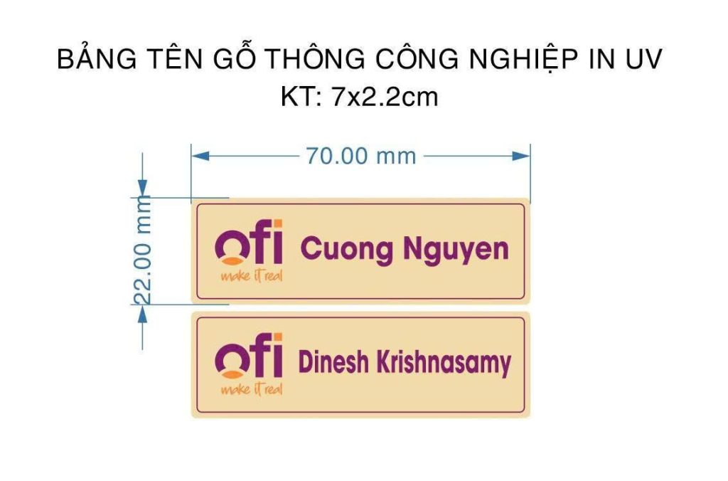 Thiết kế bảng tên gỗ thông in UV logo và tên nhân viên kích thước 7x2.2cm, thiết kế tinh tế, dùng cho văn phòng và doanh nghiệp